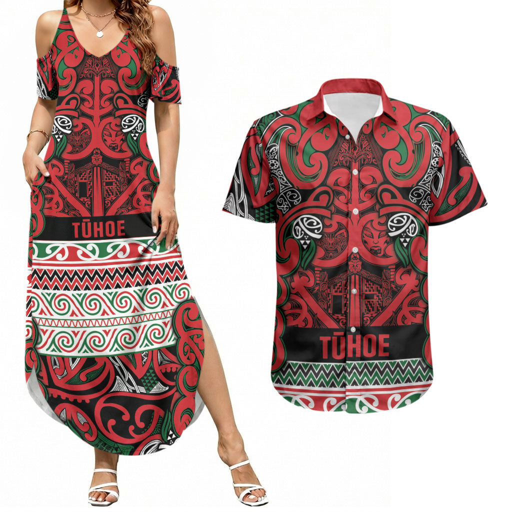 Aotearoa Iwi Tuhoe Couples Matching Summer Maxi Dress and Hawaiian Shirt Maori Wharenui House Tribal Pattern