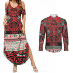 Aotearoa Iwi Tuhoe Couples Matching Summer Maxi Dress and Long Sleeve Button Shirt Maori Wharenui House Tribal Pattern