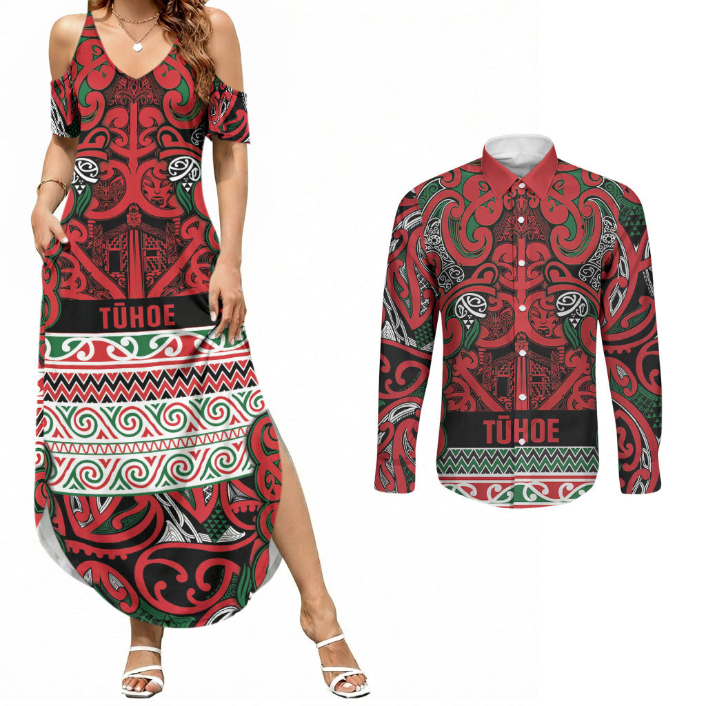 Aotearoa Iwi Tuhoe Couples Matching Summer Maxi Dress and Long Sleeve Button Shirt Maori Wharenui House Tribal Pattern