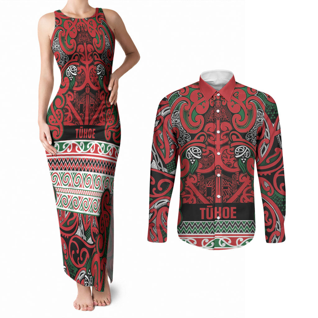 Aotearoa Iwi Tuhoe Couples Matching Tank Maxi Dress and Long Sleeve Button Shirt Maori Wharenui House Tribal Pattern