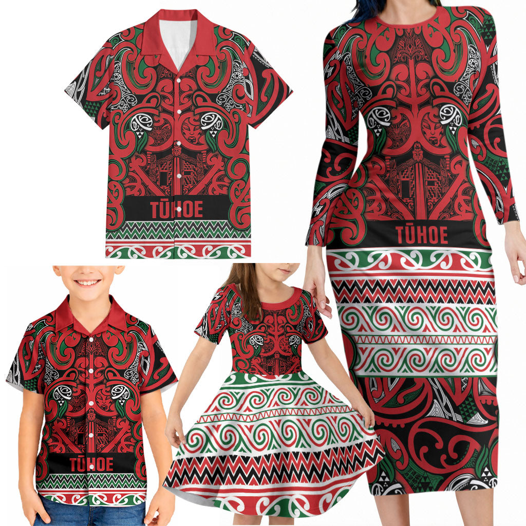 Aotearoa Iwi Tuhoe Family Matching Long Sleeve Bodycon Dress and Hawaiian Shirt Maori Wharenui House Tribal Pattern