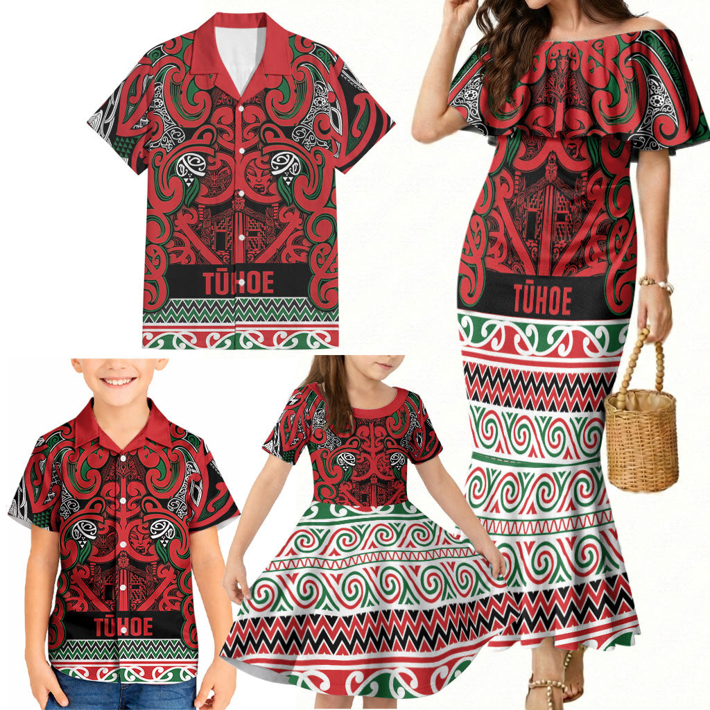 Aotearoa Iwi Tuhoe Family Matching Mermaid Dress and Hawaiian Shirt Maori Wharenui House Tribal Pattern