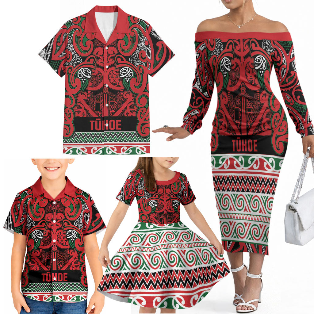 Aotearoa Iwi Tuhoe Family Matching Off The Shoulder Long Sleeve Dress and Hawaiian Shirt Maori Wharenui House Tribal Pattern