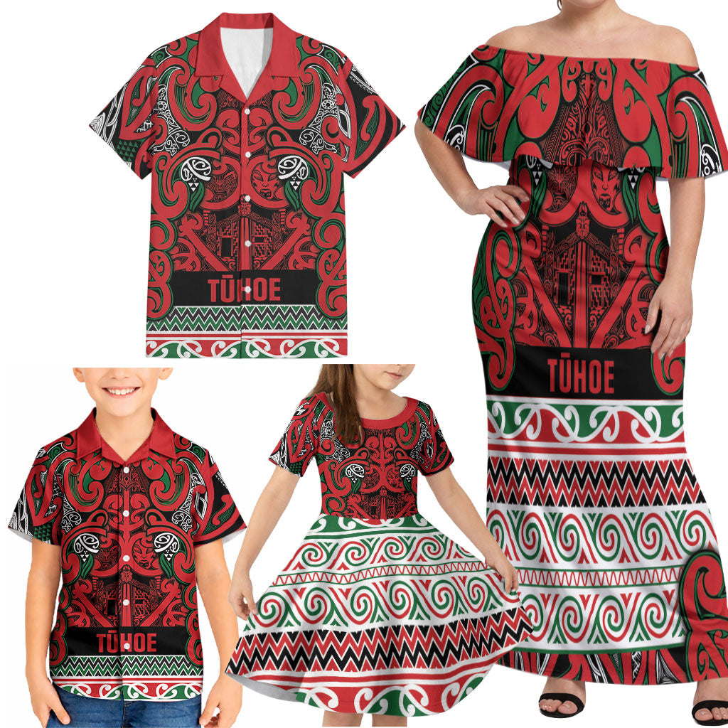 Aotearoa Iwi Tuhoe Family Matching Off Shoulder Maxi Dress and Hawaiian Shirt Maori Wharenui House Tribal Pattern