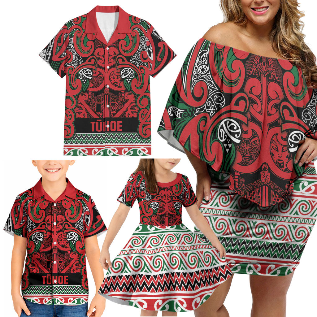 Aotearoa Iwi Tuhoe Family Matching Off Shoulder Short Dress and Hawaiian Shirt Maori Wharenui House Tribal Pattern
