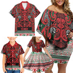 Aotearoa Iwi Tuhoe Family Matching Off Shoulder Short Dress and Hawaiian Shirt Maori Wharenui House Tribal Pattern