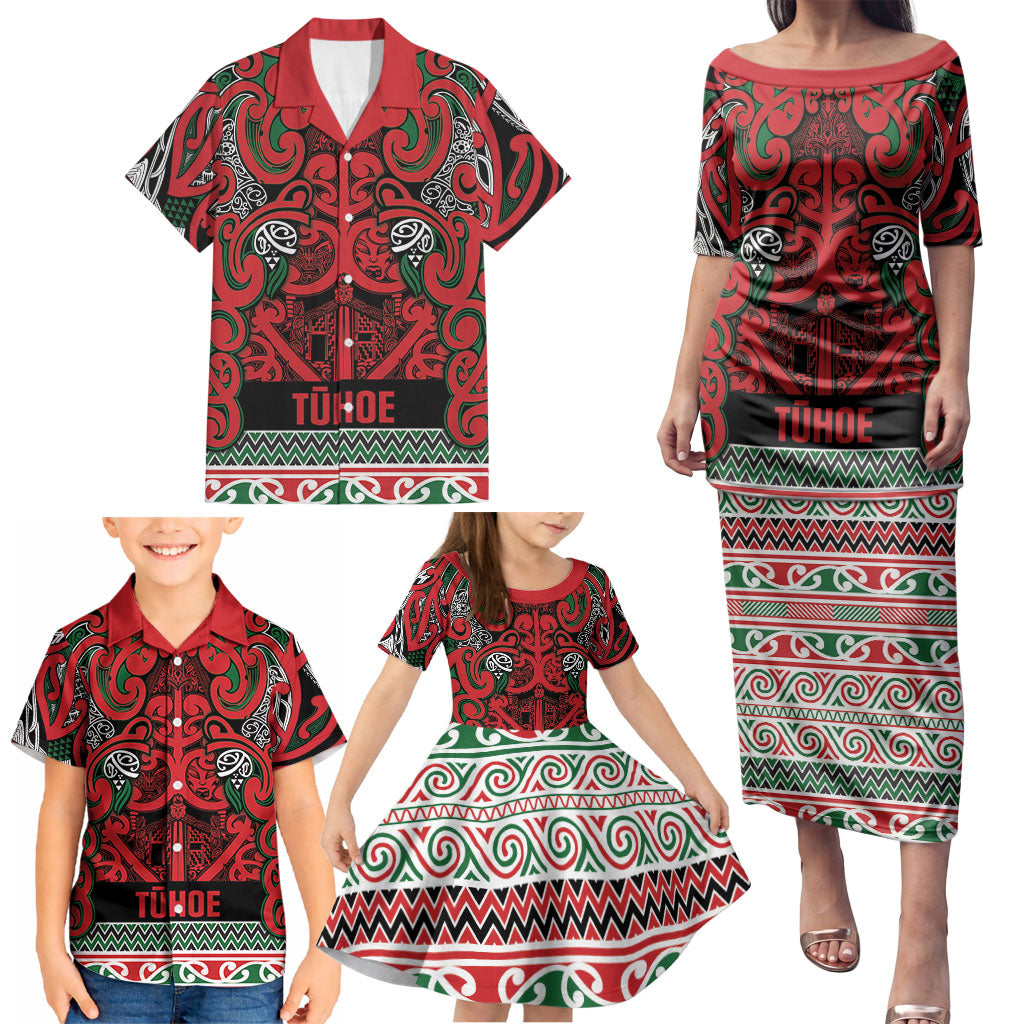 Aotearoa Iwi Tuhoe Family Matching Puletasi and Hawaiian Shirt Maori Wharenui House Tribal Pattern