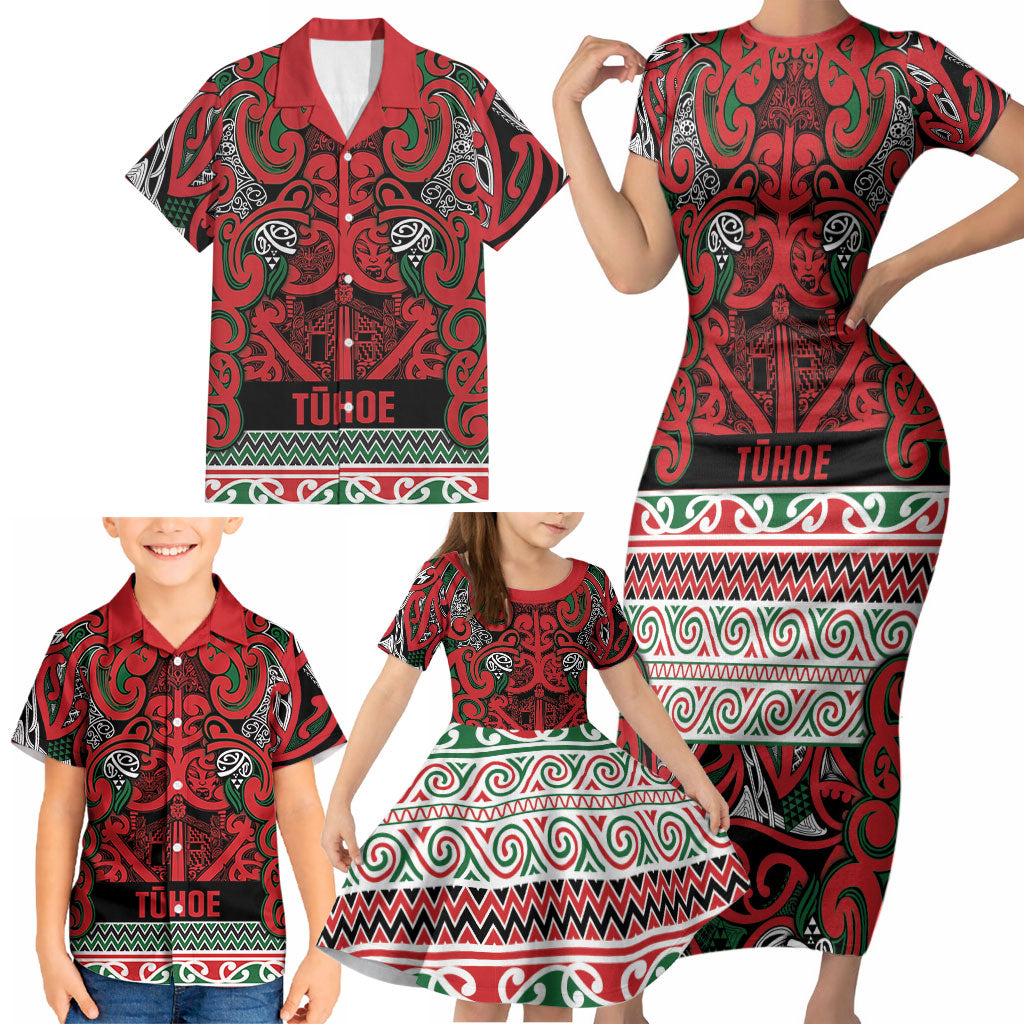 Aotearoa Iwi Tuhoe Family Matching Short Sleeve Bodycon Dress and Hawaiian Shirt Maori Wharenui House Tribal Pattern