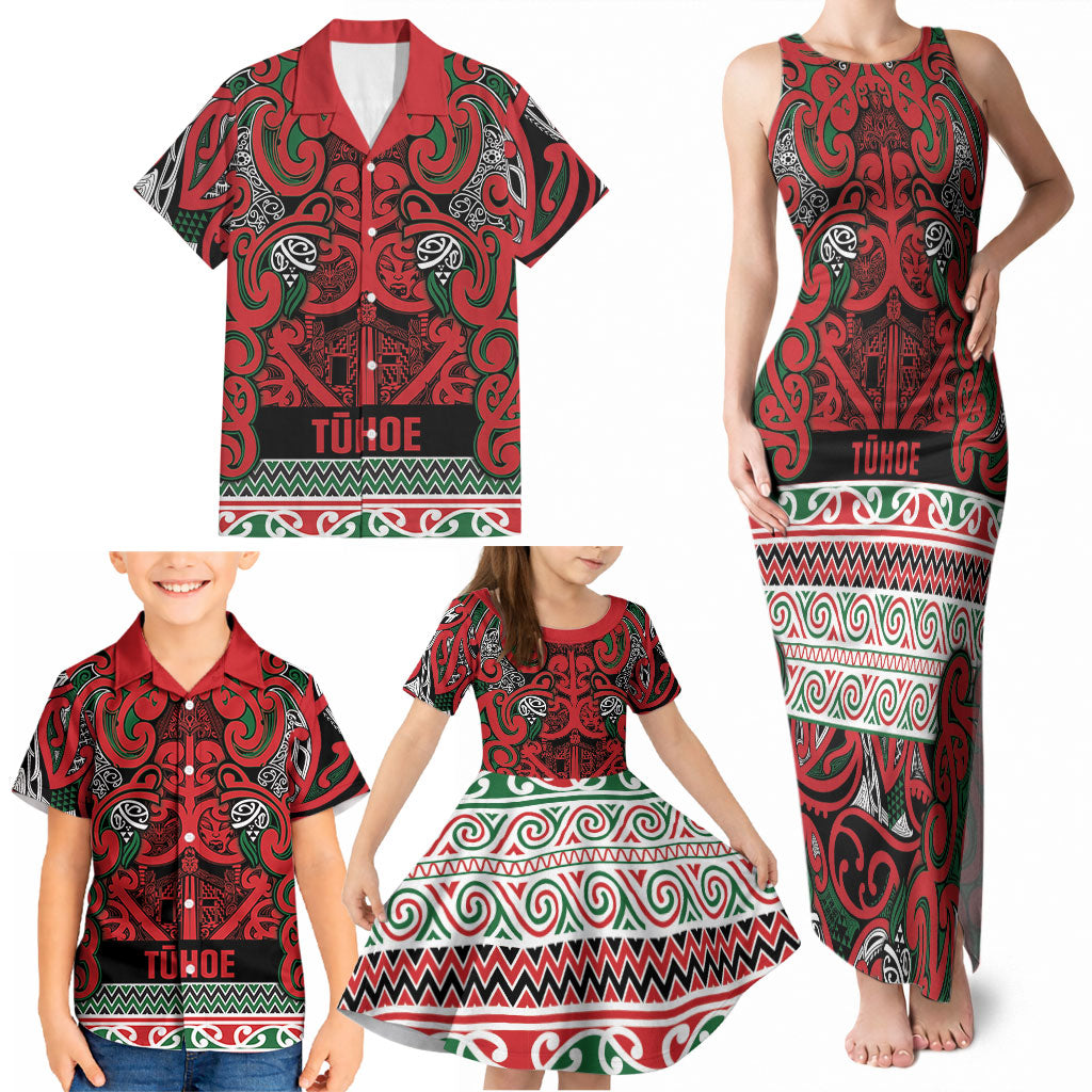 Aotearoa Iwi Tuhoe Family Matching Tank Maxi Dress and Hawaiian Shirt Maori Wharenui House Tribal Pattern
