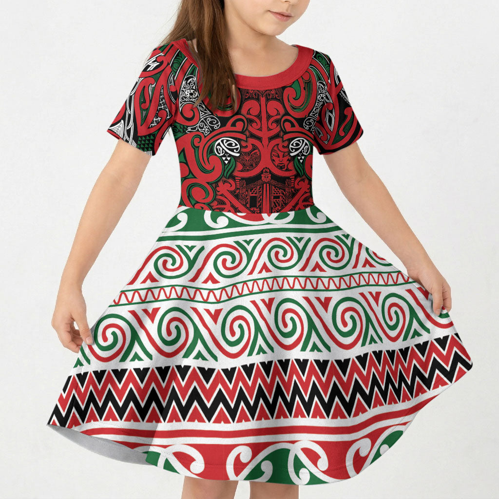 Aotearoa Iwi Tuhoe Kid Short Sleeve Dress Maori Wharenui House Tribal Pattern