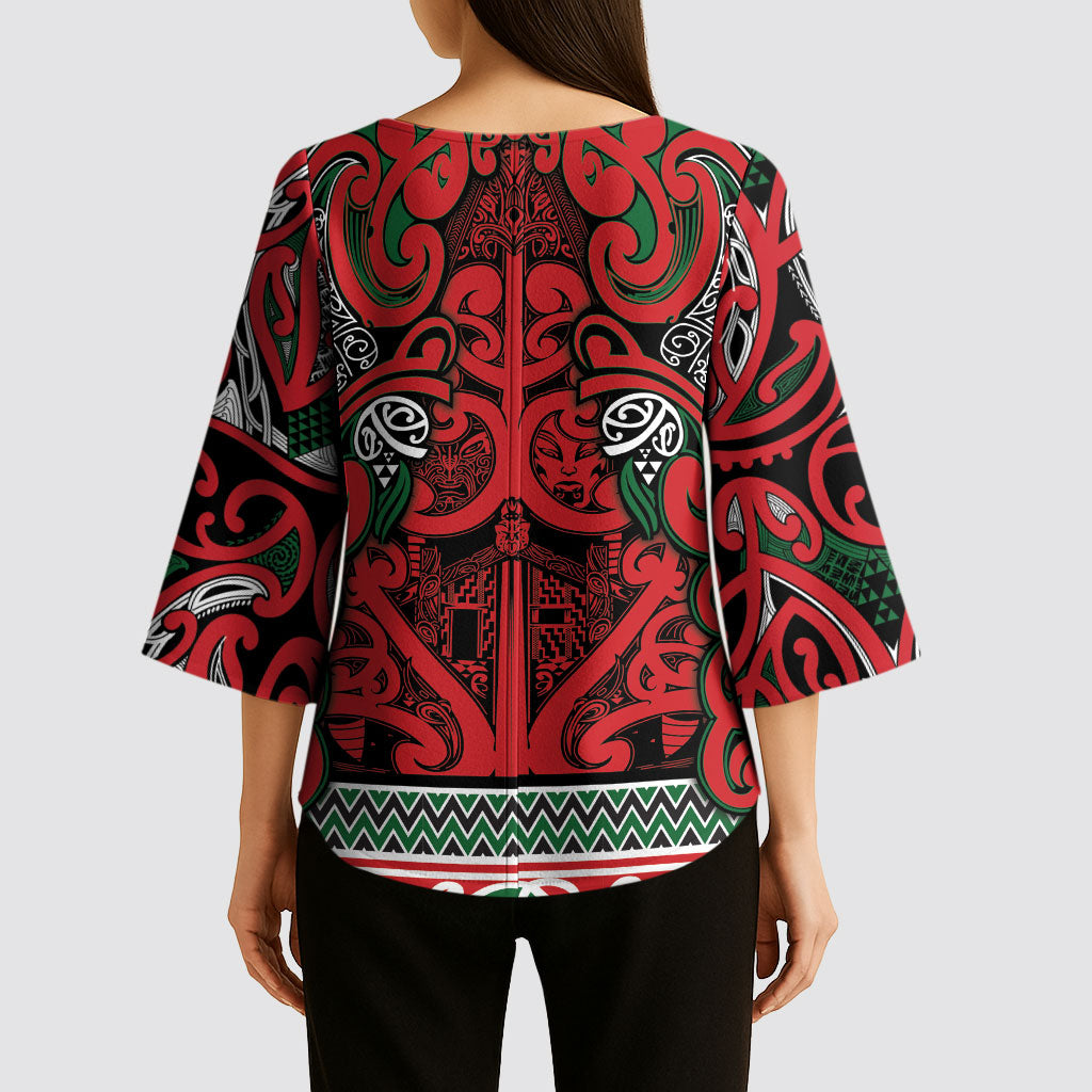Aotearoa Iwi Tuhoe Kimono Sleeve Blouse Maori Wharenui House Tribal Pattern