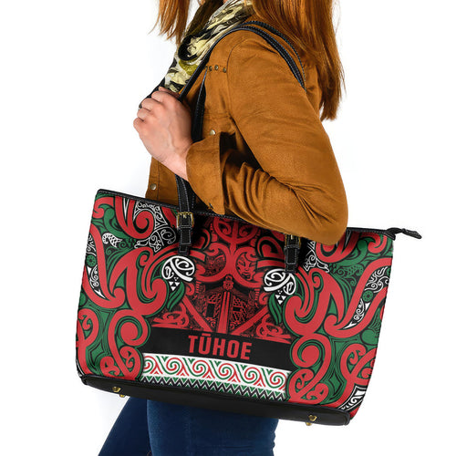 Aotearoa Iwi Tuhoe Leather Tote Bag Maori Wharenui House Tribal Pattern