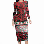 Aotearoa Iwi Tuhoe Long Sleeve Bodycon Dress Maori Wharenui House Tribal Pattern