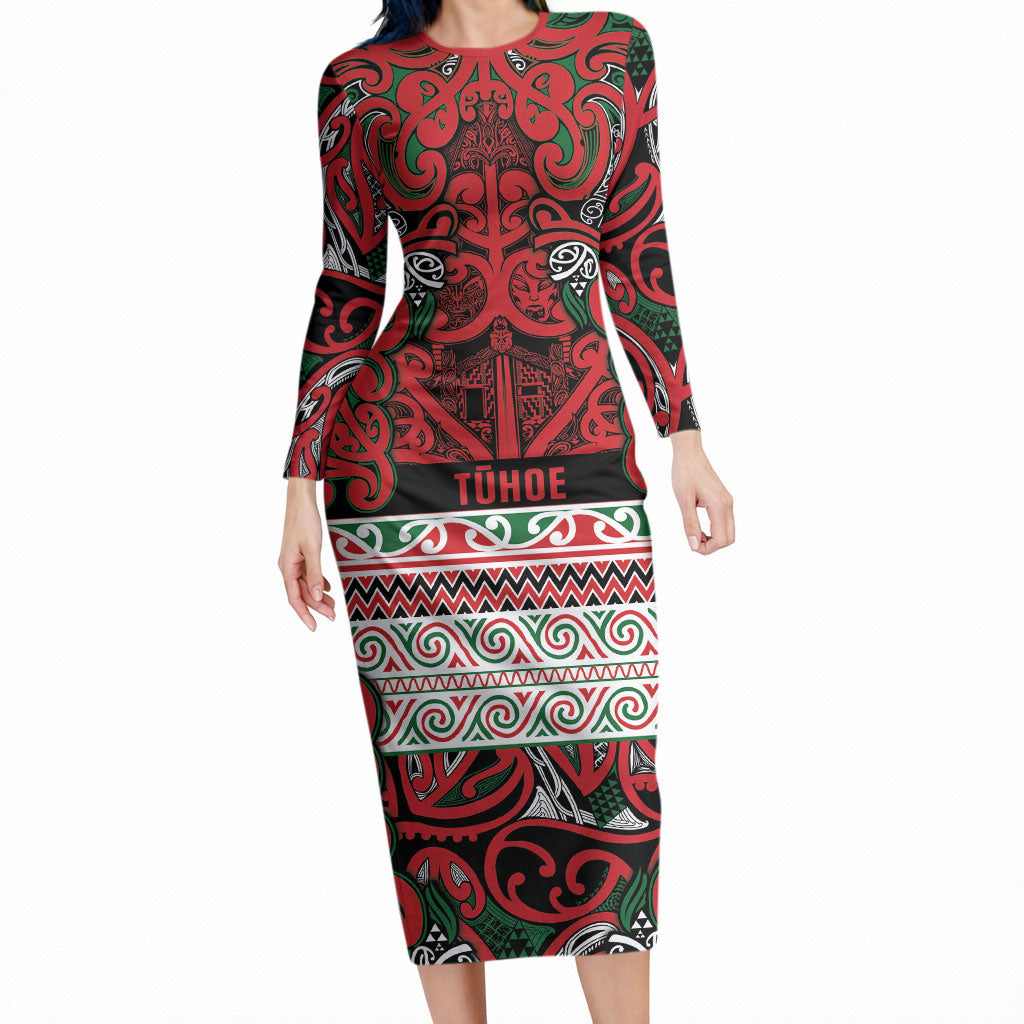 Aotearoa Iwi Tuhoe Long Sleeve Bodycon Dress Maori Wharenui House Tribal Pattern