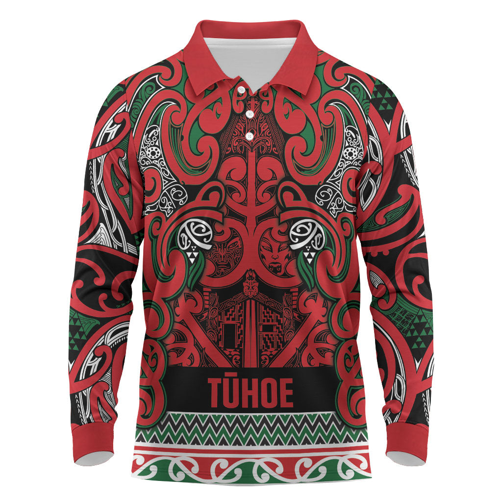 Aotearoa Iwi Tuhoe Long Sleeve Polo Shirt Maori Wharenui House Tribal Pattern
