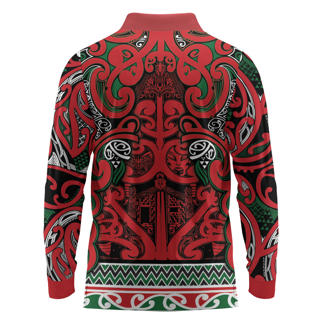 Aotearoa Iwi Tuhoe Long Sleeve Polo Shirt Maori Wharenui House Tribal Pattern
