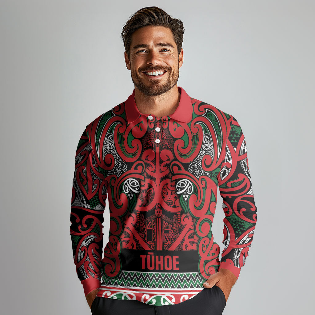 Aotearoa Iwi Tuhoe Long Sleeve Polo Shirt Maori Wharenui House Tribal Pattern