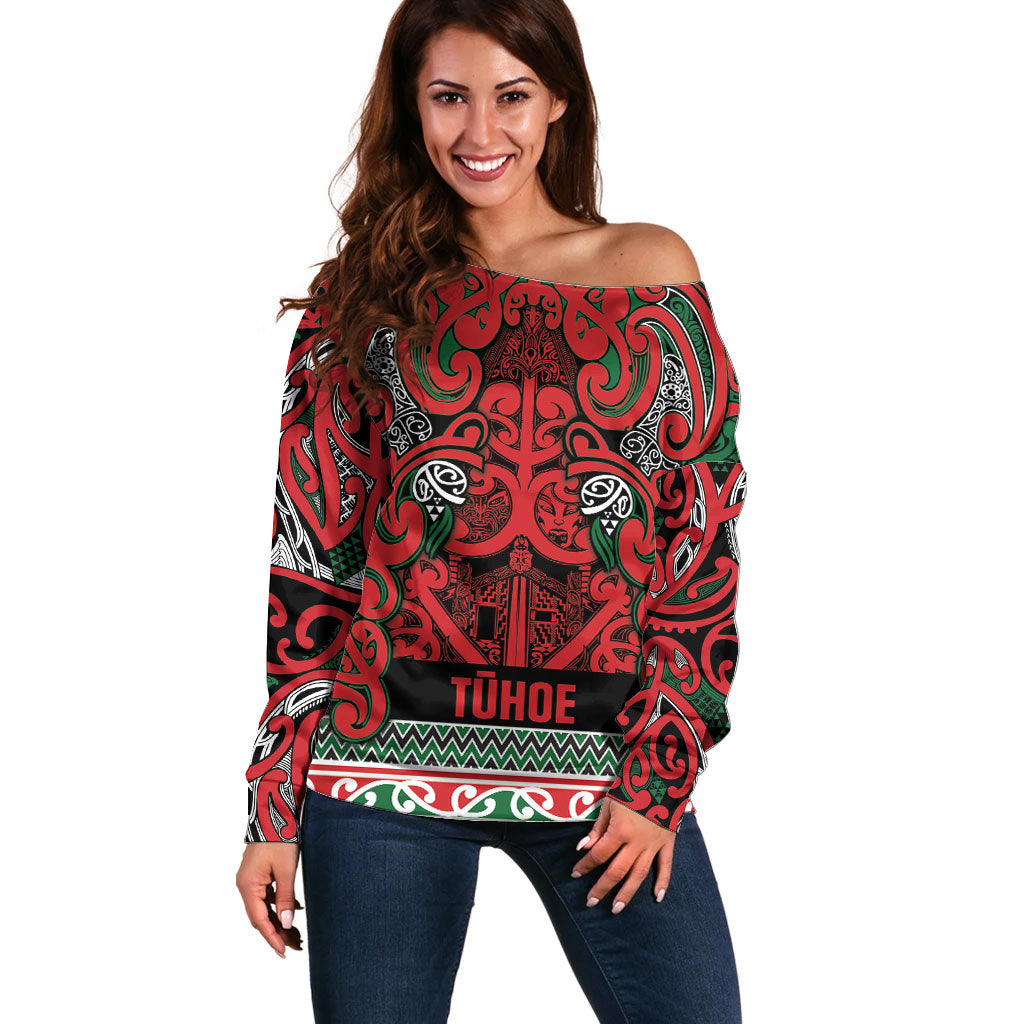 Aotearoa Iwi Tuhoe Off Shoulder Sweater Maori Wharenui House Tribal Pattern