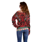 Aotearoa Iwi Tuhoe Off Shoulder Sweater Maori Wharenui House Tribal Pattern