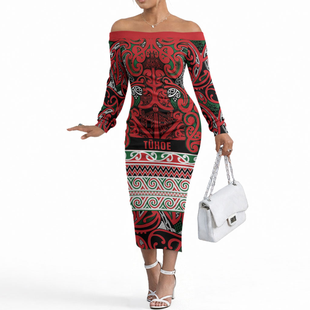 Aotearoa Iwi Tuhoe Off The Shoulder Long Sleeve Dress Maori Wharenui House Tribal Pattern