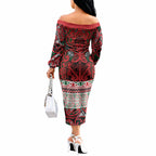 Aotearoa Iwi Tuhoe Off The Shoulder Long Sleeve Dress Maori Wharenui House Tribal Pattern