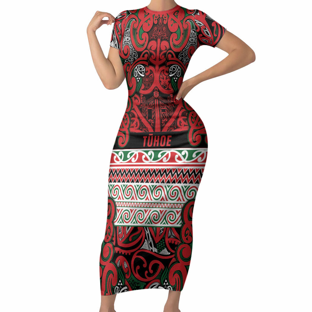 Aotearoa Iwi Tuhoe Short Sleeve Bodycon Dress Maori Wharenui House Tribal Pattern