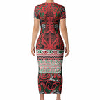 Aotearoa Iwi Tuhoe Short Sleeve Bodycon Dress Maori Wharenui House Tribal Pattern