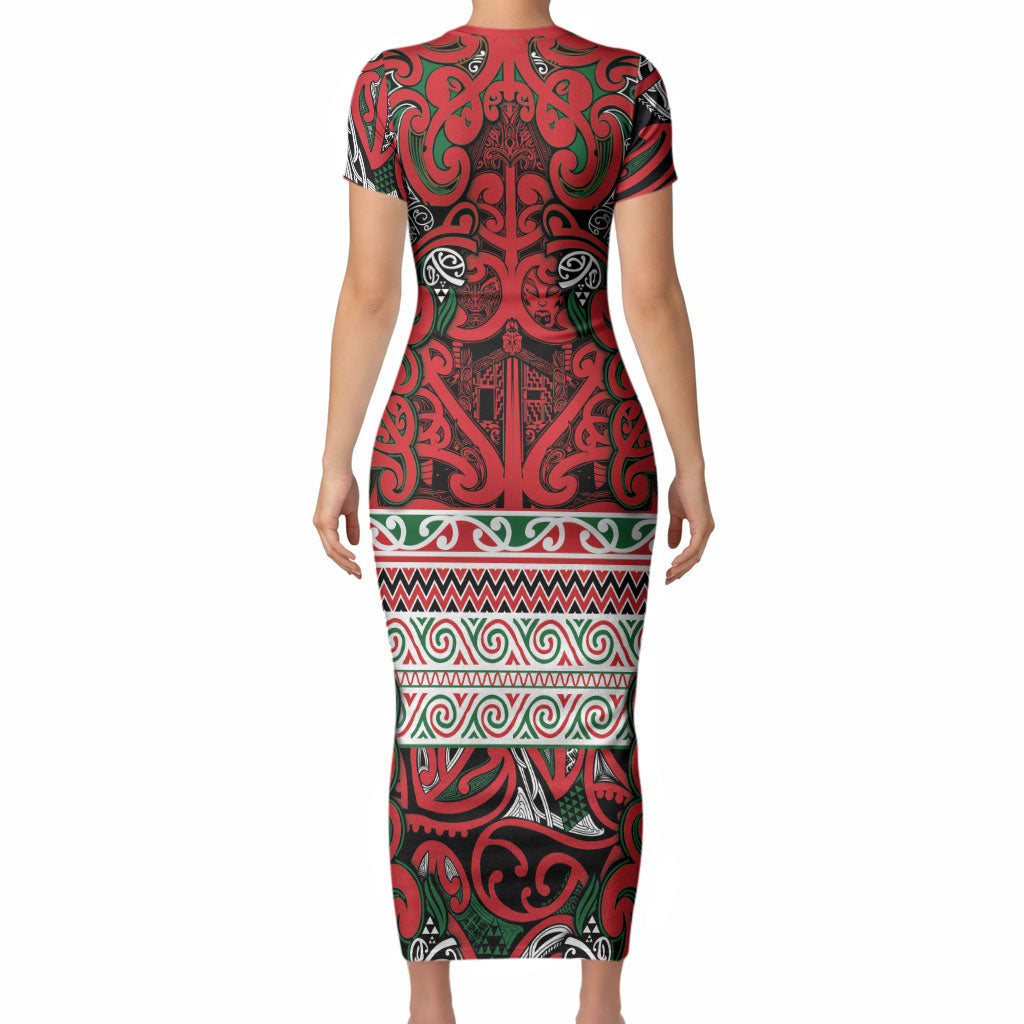Aotearoa Iwi Tuhoe Short Sleeve Bodycon Dress Maori Wharenui House Tribal Pattern