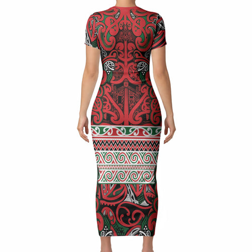 Aotearoa Iwi Tuhoe Short Sleeve Bodycon Dress Maori Wharenui House Tribal Pattern