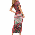 Aotearoa Iwi Tuhoe Short Sleeve Bodycon Dress Maori Wharenui House Tribal Pattern