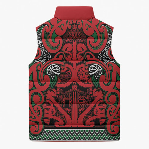 Aotearoa Iwi Tuhoe Sleeveless Puffer Jacket Maori Wharenui House Tribal Pattern