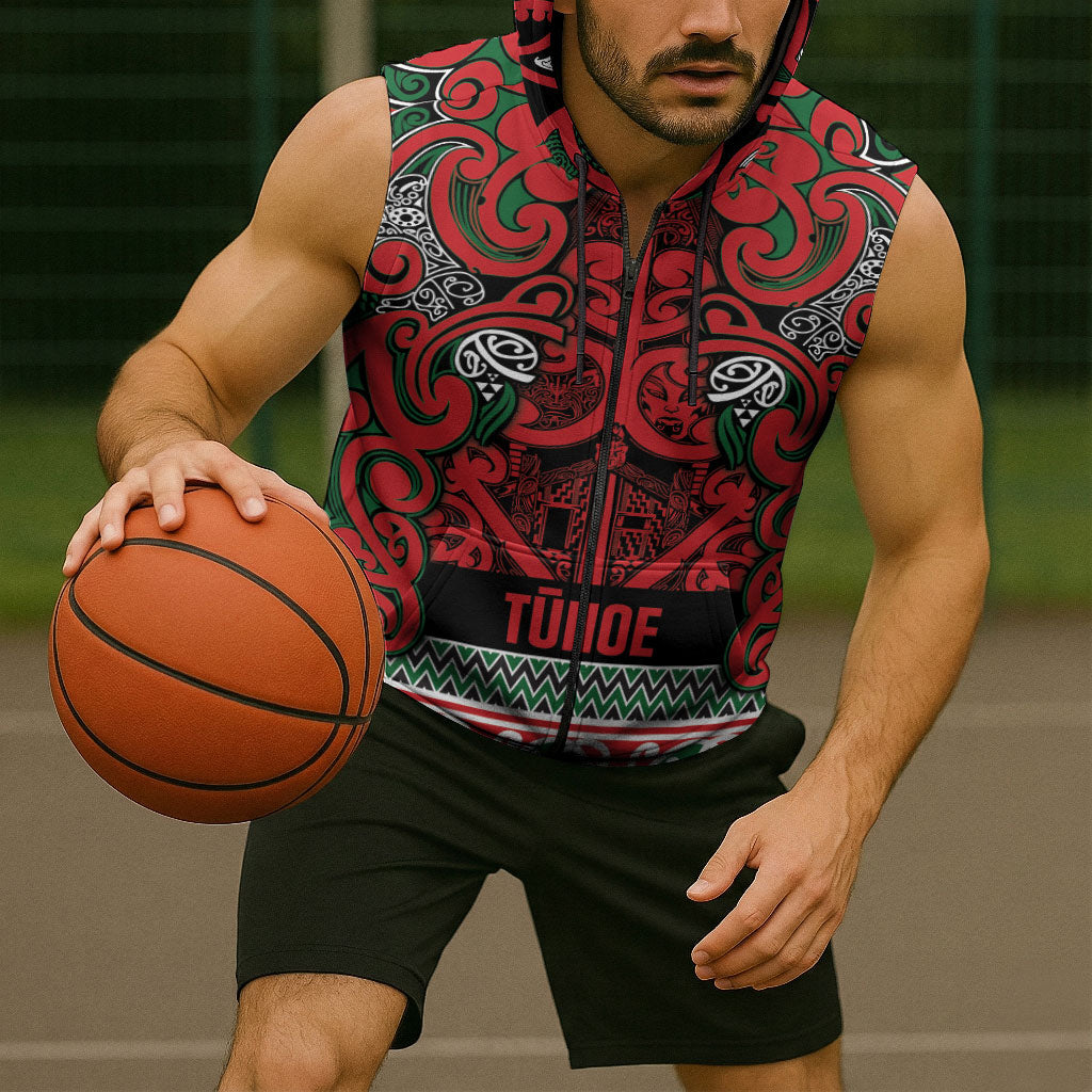 Aotearoa Iwi Tuhoe Sleeveless Zip Hoodie Maori Wharenui House Tribal Pattern