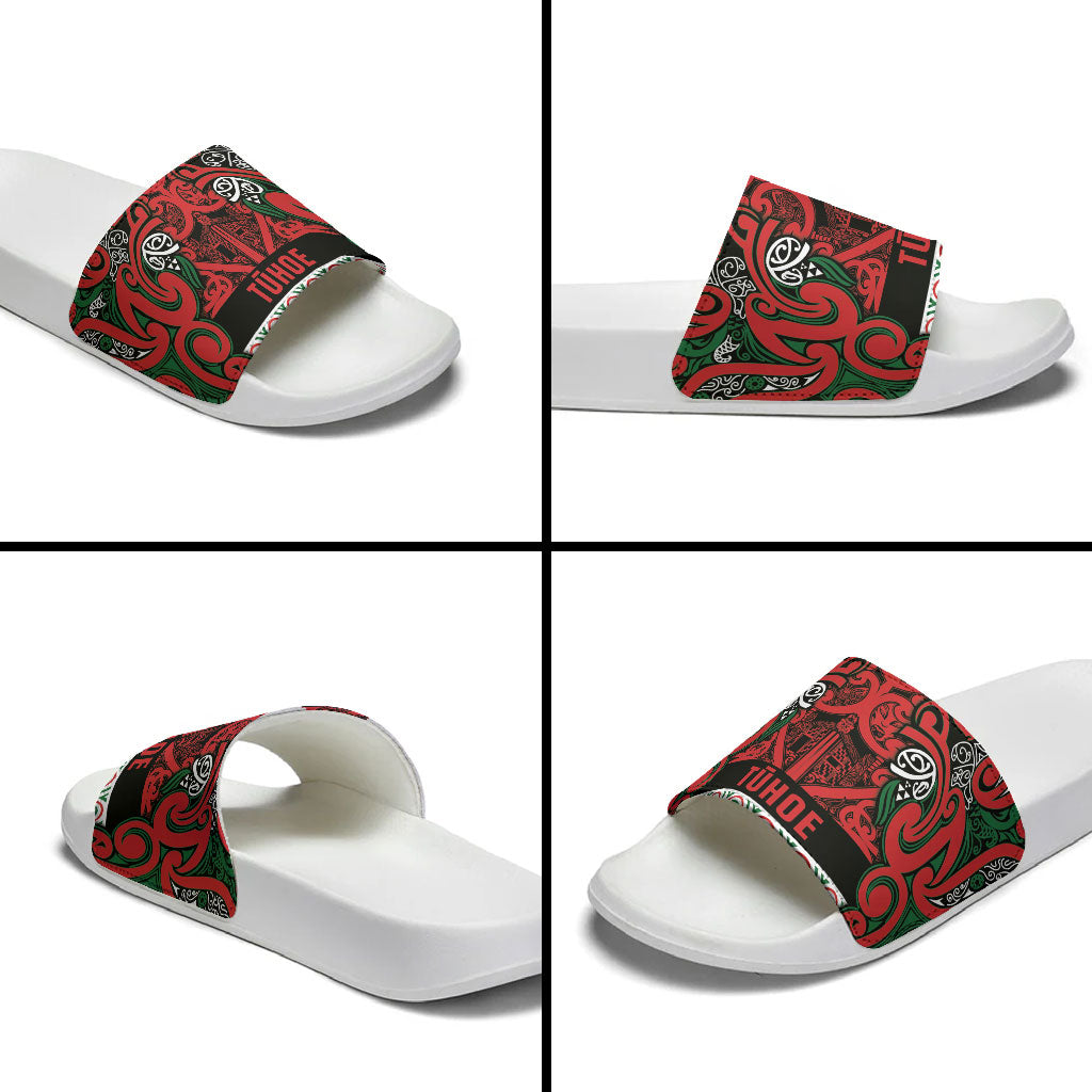 Aotearoa Iwi Tuhoe Slide Sandals Maori Wharenui House Tribal Pattern