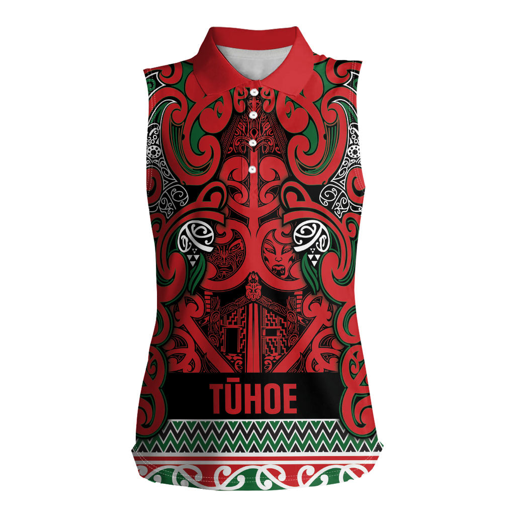 Aotearoa Iwi Tuhoe Women Sleeveless Polo Shirt Maori Wharenui House Tribal Pattern