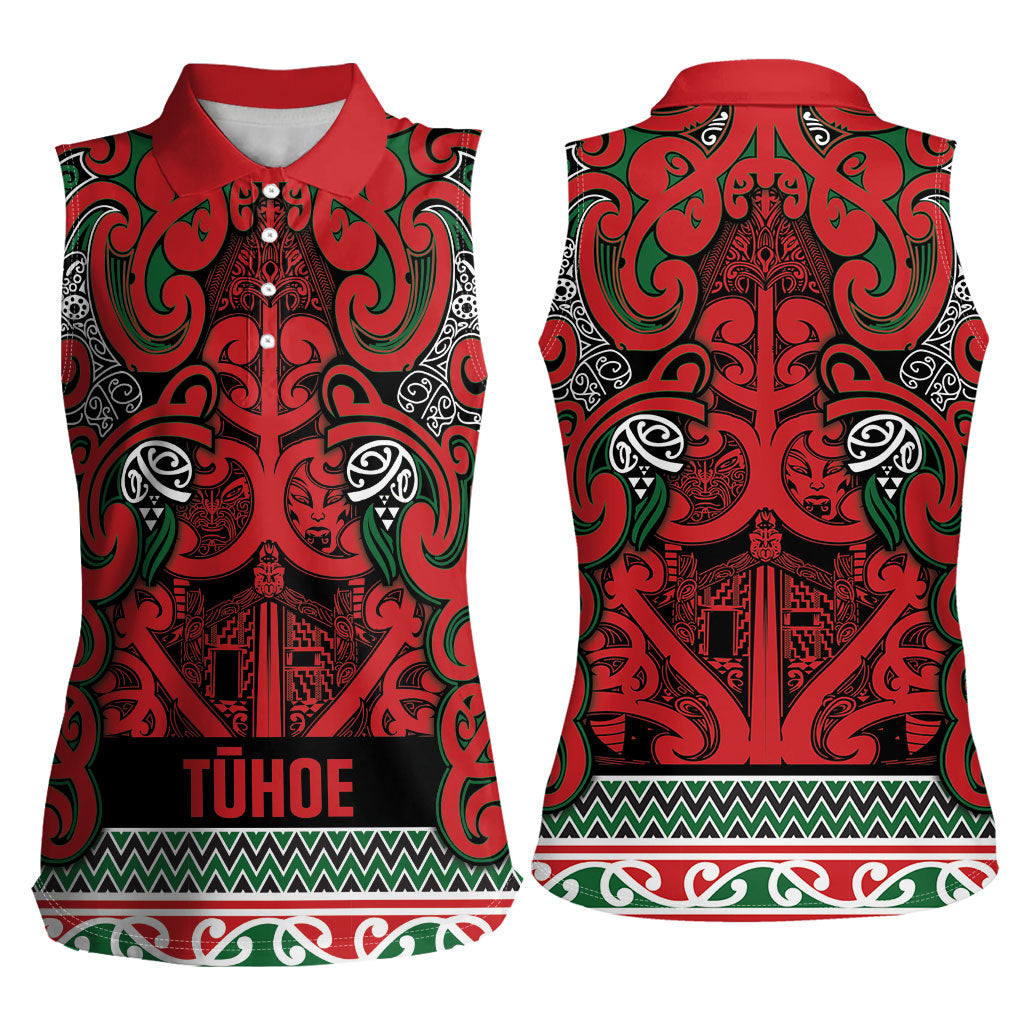 Aotearoa Iwi Tuhoe Women Sleeveless Polo Shirt Maori Wharenui House Tribal Pattern