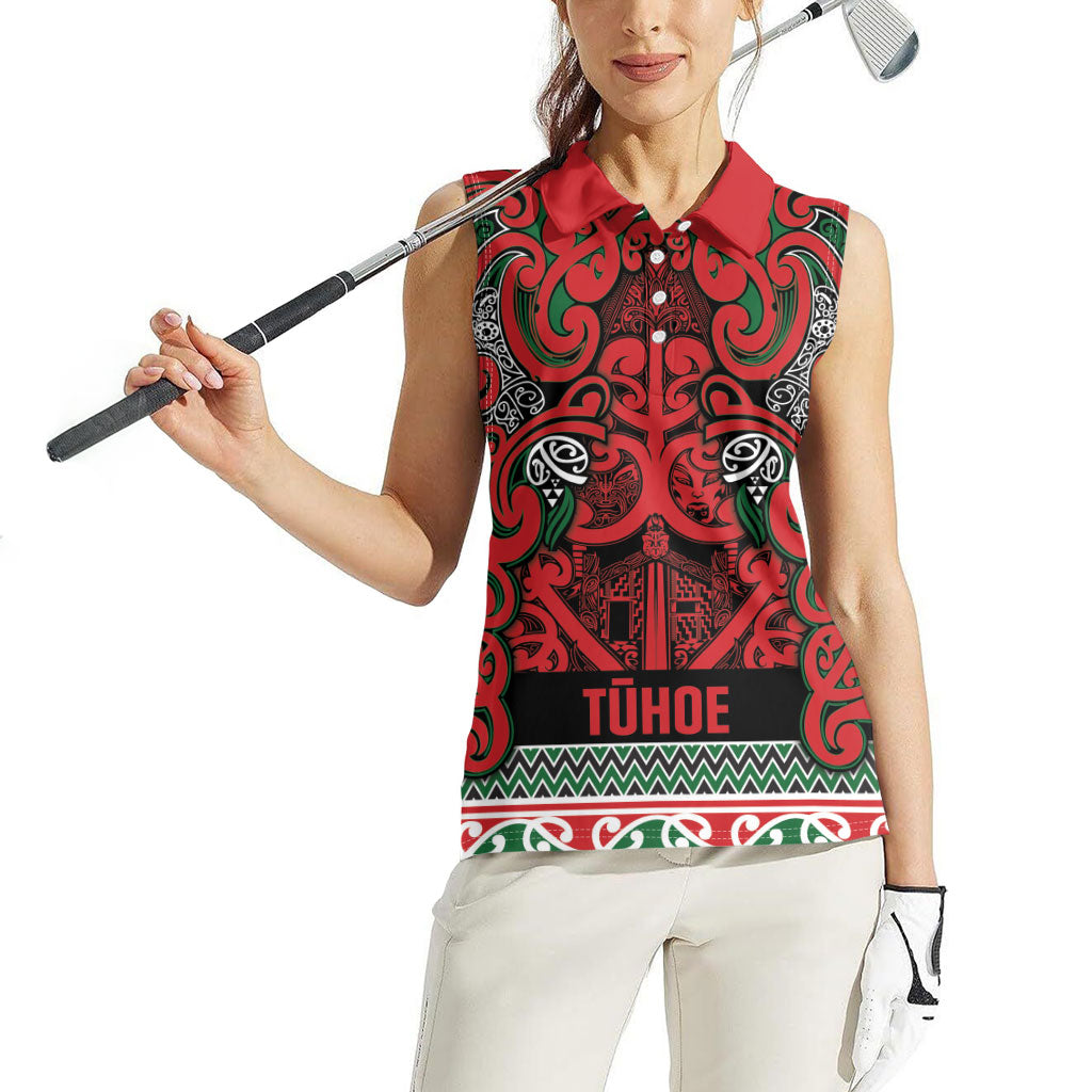 Aotearoa Iwi Tuhoe Women Sleeveless Polo Shirt Maori Wharenui House Tribal Pattern
