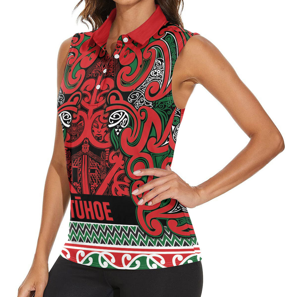 Aotearoa Iwi Tuhoe Women Sleeveless Polo Shirt Maori Wharenui House Tribal Pattern