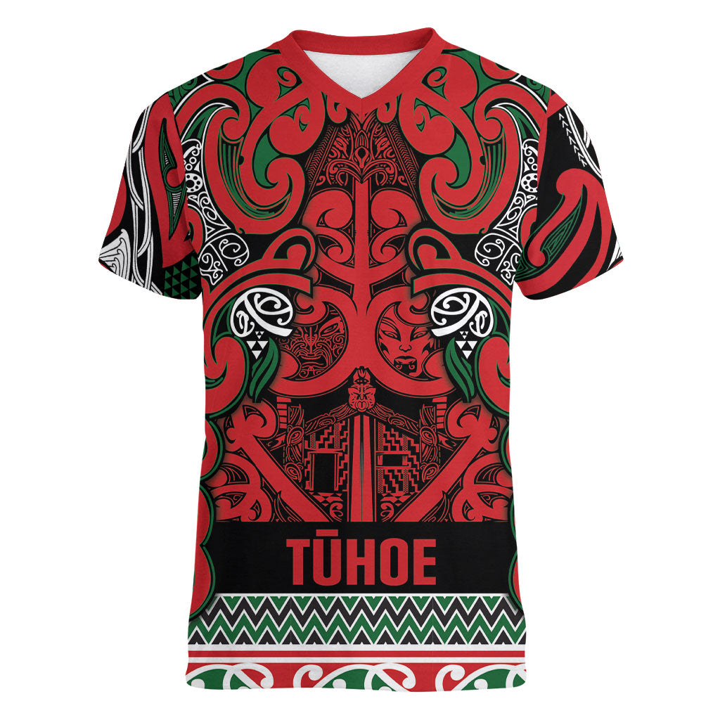 Aotearoa Iwi Tuhoe Women V-Neck T-Shirt Maori Wharenui House Tribal Pattern