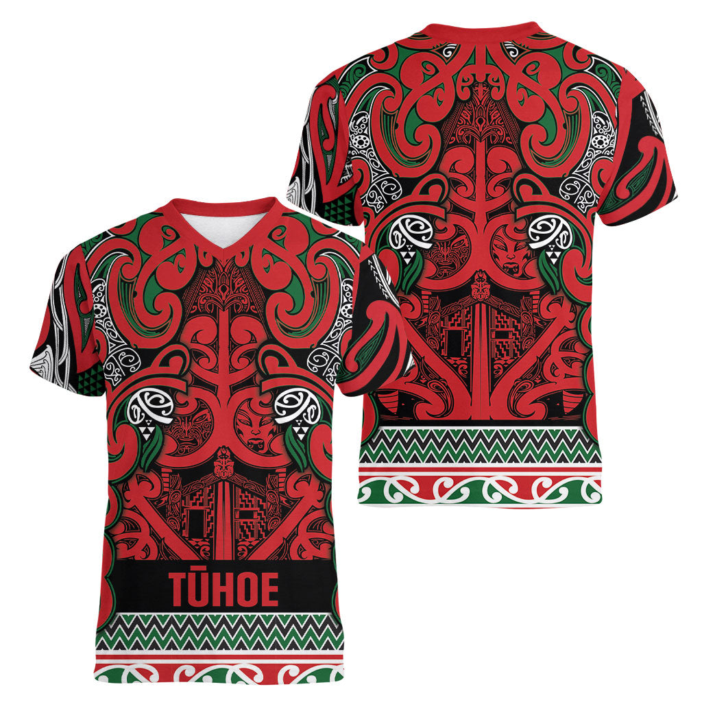 Aotearoa Iwi Tuhoe Women V-Neck T-Shirt Maori Wharenui House Tribal Pattern