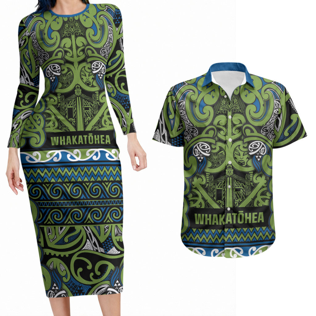 Aotearoa Iwi Whakatohea Couples Matching Long Sleeve Bodycon Dress and Hawaiian Shirt Maori Wharenui House Tribal Pattern