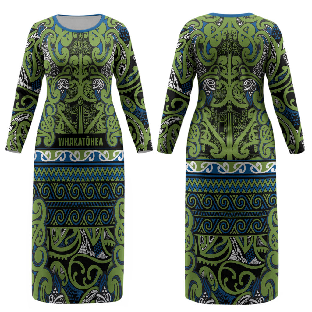 Aotearoa Iwi Whakatohea Couples Matching Long Sleeve Bodycon Dress and Hawaiian Shirt Maori Wharenui House Tribal Pattern