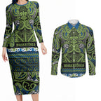 Aotearoa Iwi Whakatohea Couples Matching Long Sleeve Bodycon Dress and Long Sleeve Button Shirt Maori Wharenui House Tribal Pattern