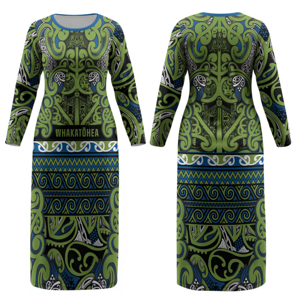 Aotearoa Iwi Whakatohea Couples Matching Long Sleeve Bodycon Dress and Long Sleeve Button Shirt Maori Wharenui House Tribal Pattern