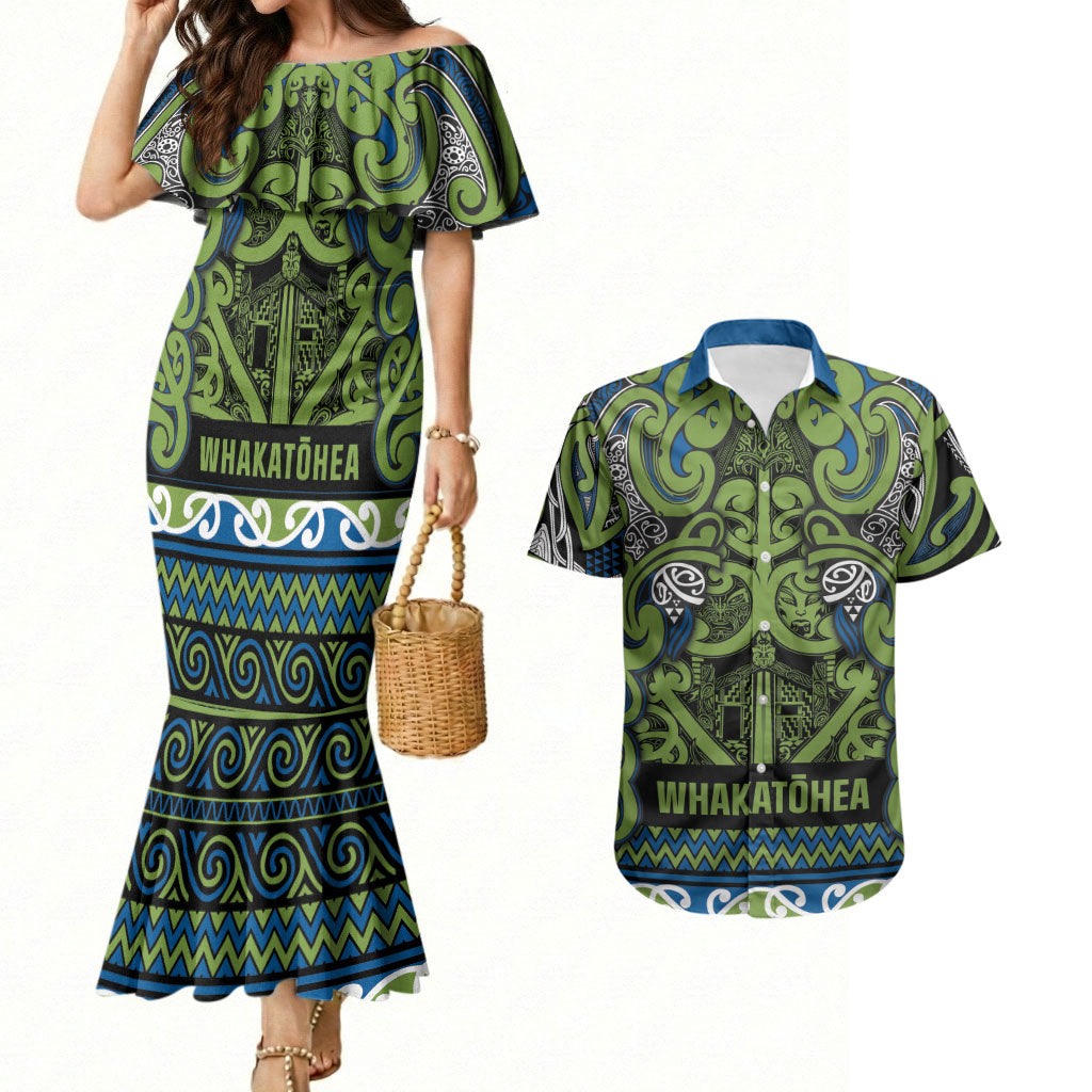 Aotearoa Iwi Whakatohea Couples Matching Mermaid Dress and Hawaiian Shirt Maori Wharenui House Tribal Pattern