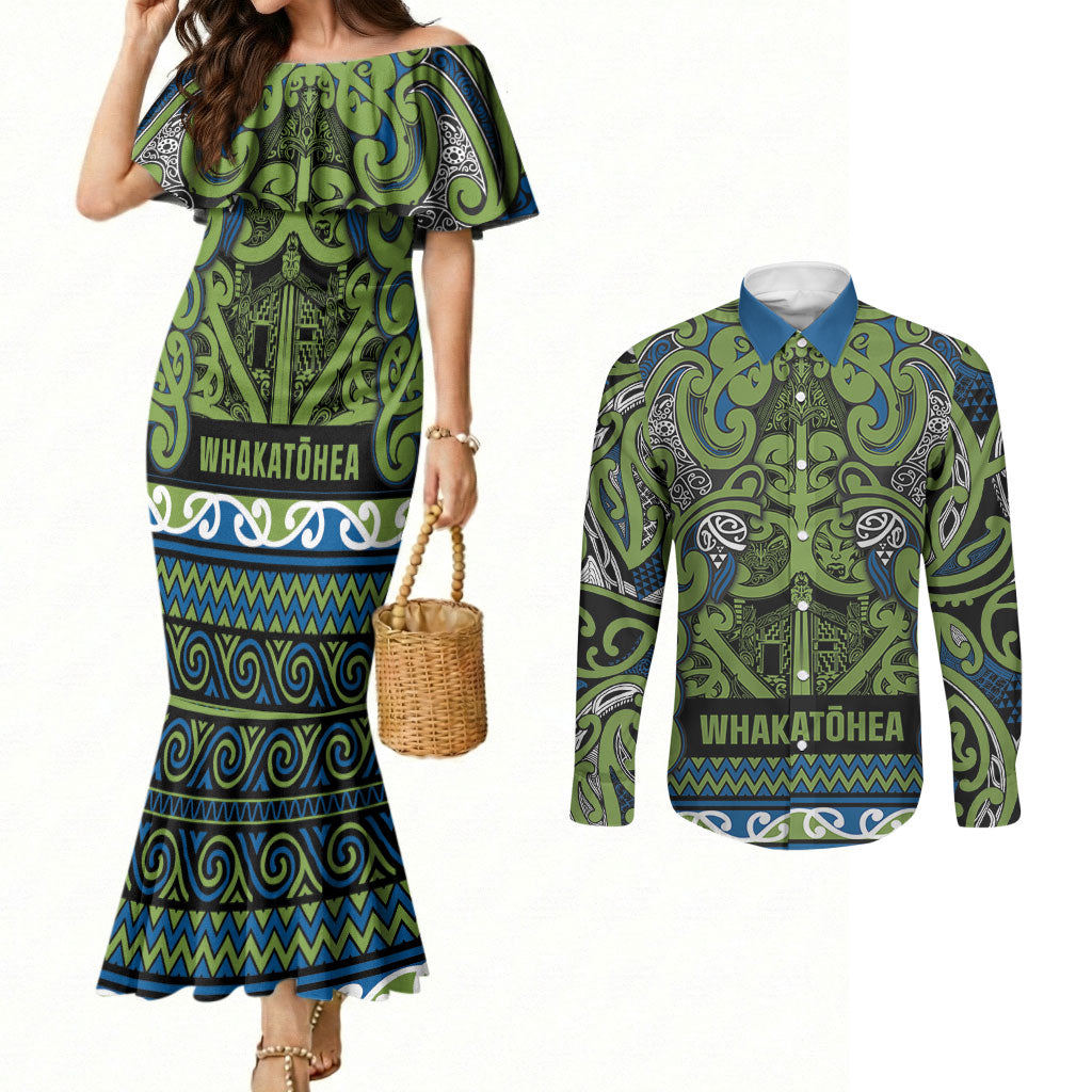 Aotearoa Iwi Whakatohea Couples Matching Mermaid Dress and Long Sleeve Button Shirt Maori Wharenui House Tribal Pattern