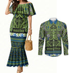 Aotearoa Iwi Whakatohea Couples Matching Mermaid Dress and Long Sleeve Button Shirt Maori Wharenui House Tribal Pattern
