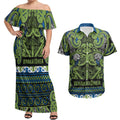 Aotearoa Iwi Whakatohea Couples Matching Off Shoulder Maxi Dress and Hawaiian Shirt Maori Wharenui House Tribal Pattern