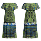 Aotearoa Iwi Whakatohea Couples Matching Off Shoulder Maxi Dress and Hawaiian Shirt Maori Wharenui House Tribal Pattern
