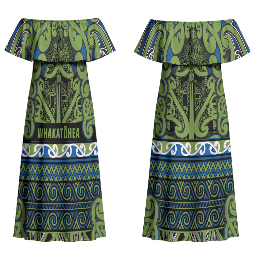 Aotearoa Iwi Whakatohea Couples Matching Off Shoulder Maxi Dress and Hawaiian Shirt Maori Wharenui House Tribal Pattern