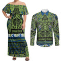 Aotearoa Iwi Whakatohea Couples Matching Off Shoulder Maxi Dress and Long Sleeve Button Shirt Maori Wharenui House Tribal Pattern